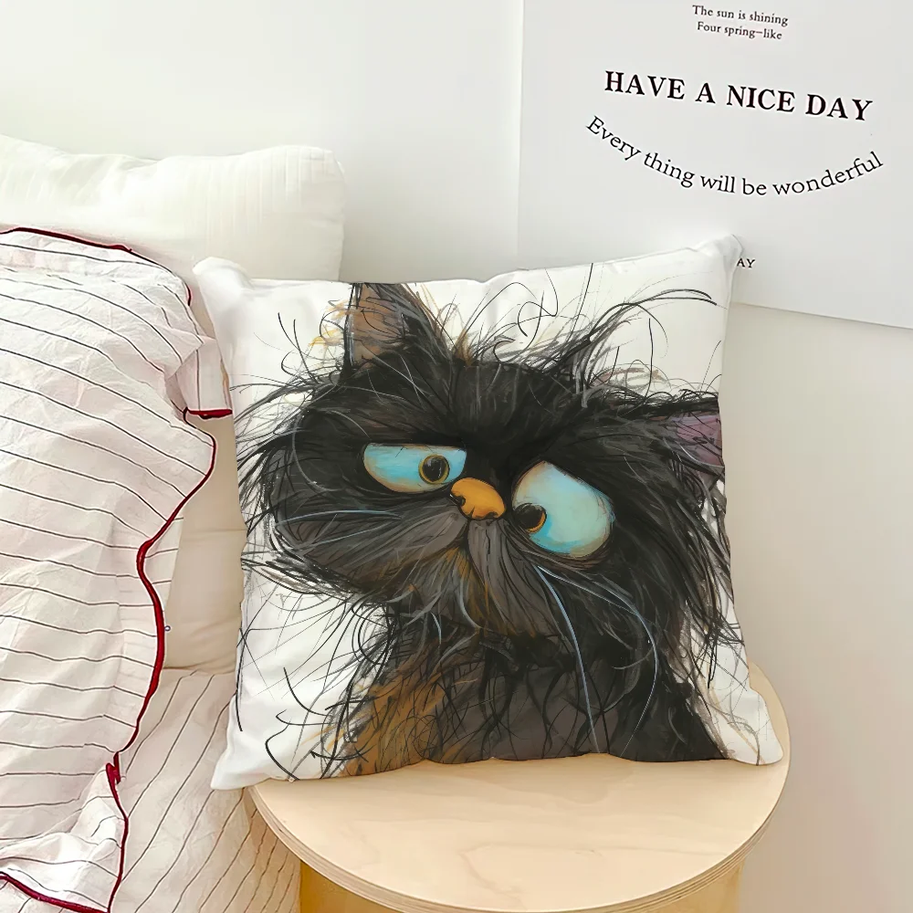 Whimsical Grumpy Cat Cushion Cover — Funny Cat Art Pillow Case 🐱😂