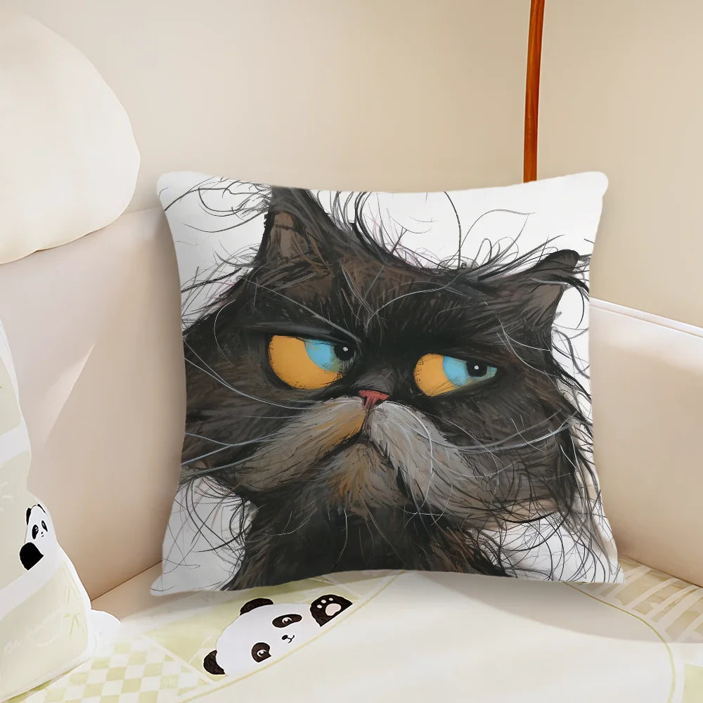 Whimsical Grumpy Cat Cushion Cover — Funny Cat Art Pillow Case 🐱😂