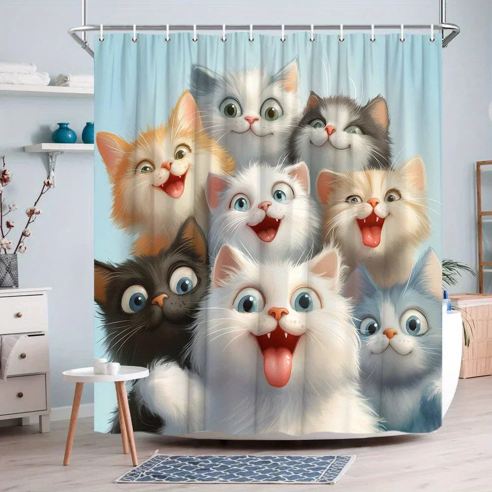 Funny Cat Shower Curtain — 9 Playful Cat Faces, Waterproof with 12 Hooks 🐱🚿