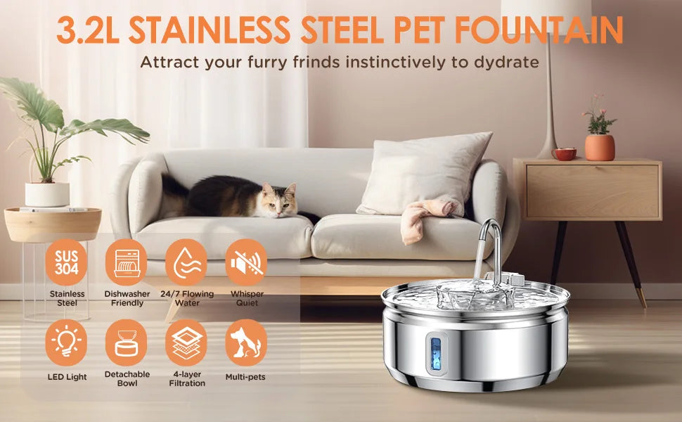 Large 3.2L Stainless Steel Pet Water Fountain — Automatic Filter for Cats & Dogs 💧🐱🐶