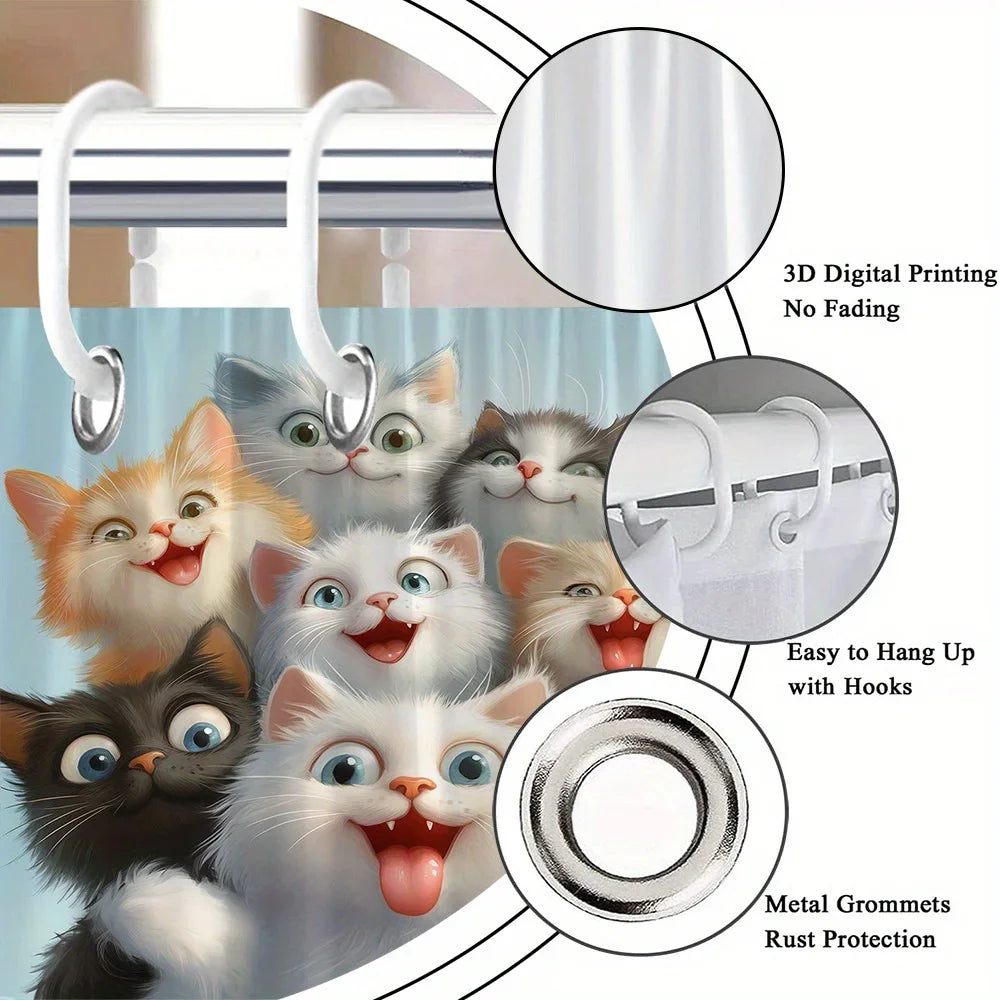 Funny Cat Shower Curtain — 9 Playful Cat Faces, Waterproof with 12 Hooks 🐱🚿