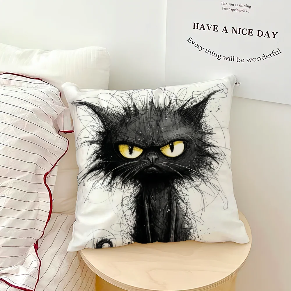 Whimsical Grumpy Cat Cushion Cover — Funny Cat Art Pillow Case 🐱😂