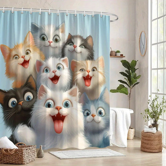 Funny Cat Shower Curtain — 9 Playful Cat Faces, Waterproof with 12 Hooks 🐱🚿