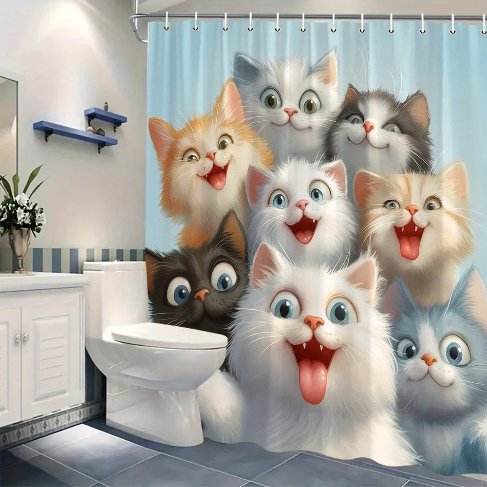 Funny Cat Shower Curtain — 9 Playful Cat Faces, Waterproof with 12 Hooks 🐱🚿