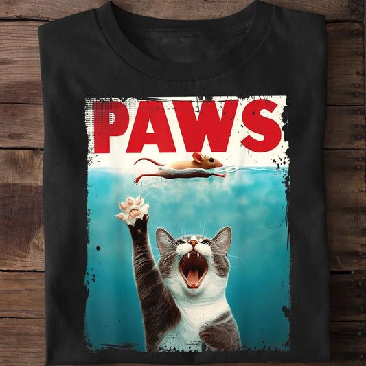 "PAWS" Funny Cat T-Shirt  Hilarious Jaws Parody Tee for Cat Lovers 🐱🦈