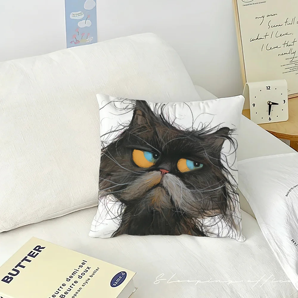 Whimsical Grumpy Cat Cushion Cover — Funny Cat Art Pillow Case 🐱😂