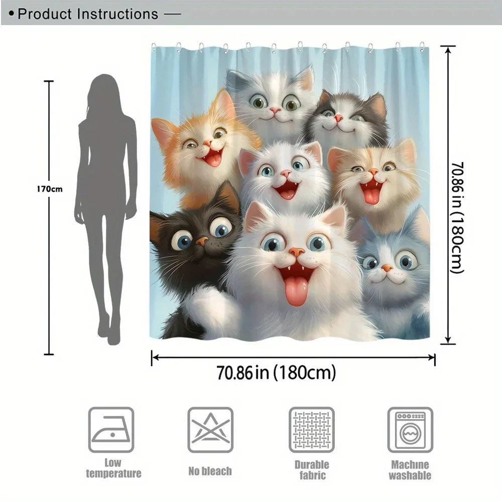 Funny Cat Shower Curtain — 9 Playful Cat Faces, Waterproof with 12 Hooks 🐱🚿