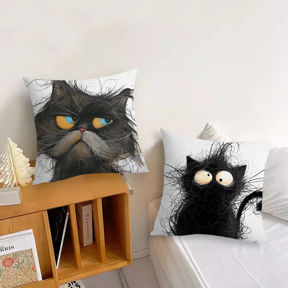 Whimsical Grumpy Cat Cushion Cover — Funny Cat Art Pillow Case 🐱😂