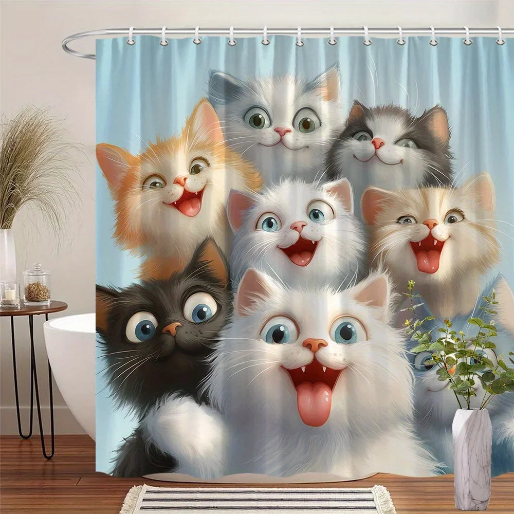 Funny Cat Shower Curtain — 9 Playful Cat Faces, Waterproof with 12 Hooks 🐱🚿