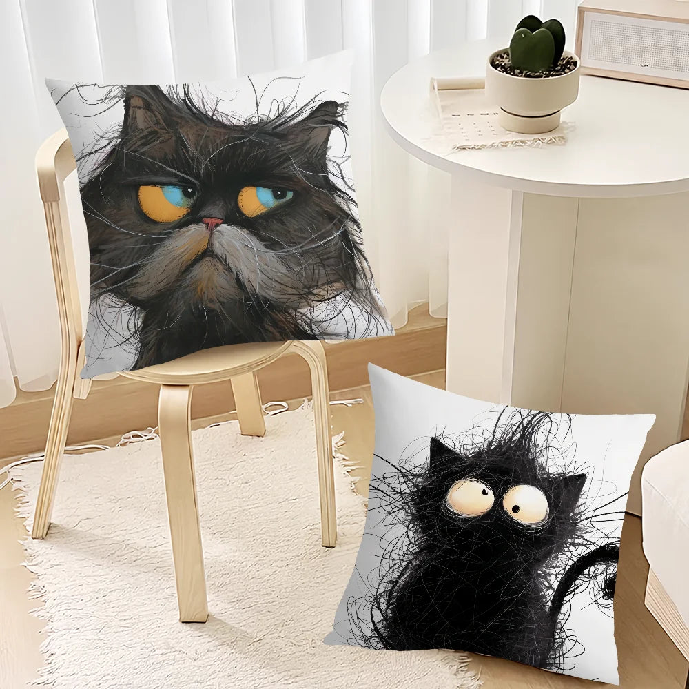 Whimsical Grumpy Cat Cushion Cover — Funny Cat Art Pillow Case 🐱😂