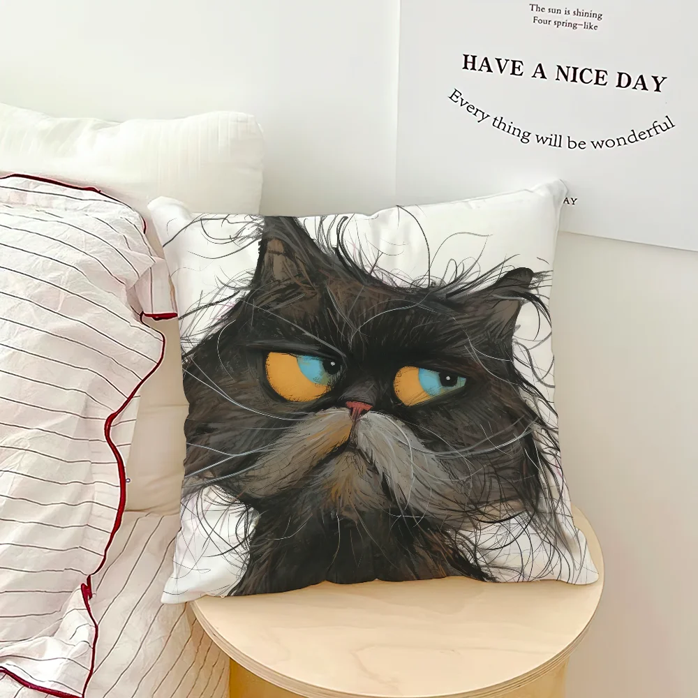 Whimsical Grumpy Cat Cushion Cover — Funny Cat Art Pillow Case 🐱😂