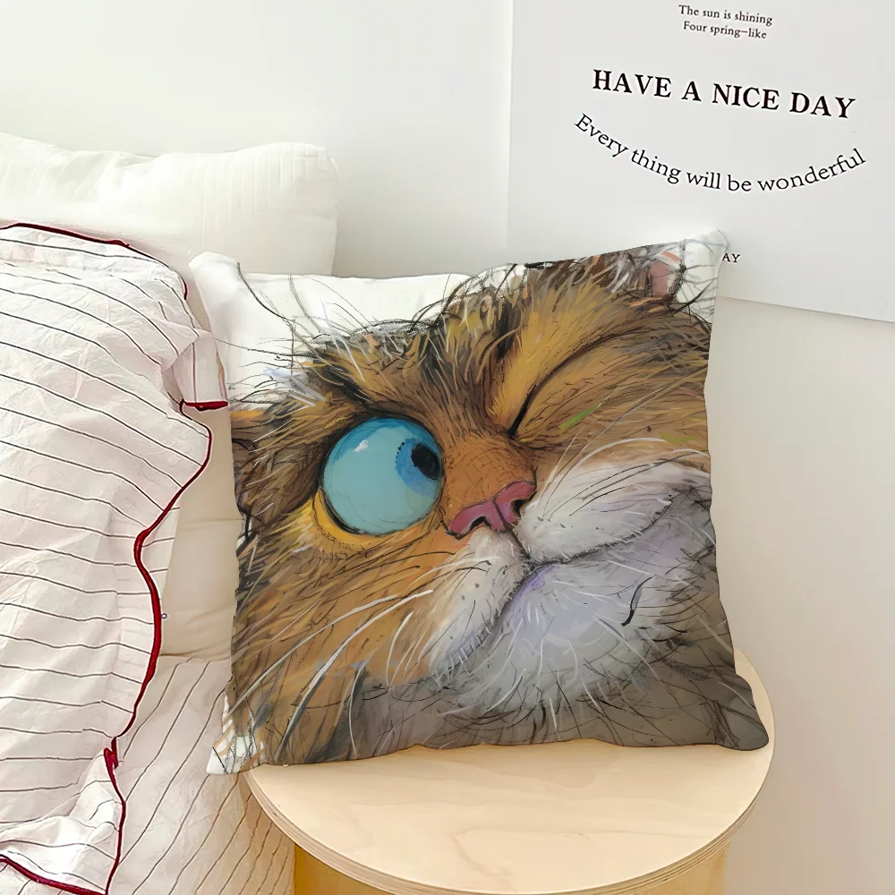 Whimsical Grumpy Cat Cushion Cover — Funny Cat Art Pillow Case 🐱😂